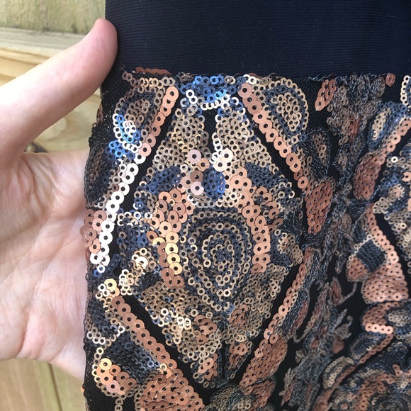 Betsy & Adam Blouson Mini Dress Size 8 Sequin Skirt Black Copper Sleeveless - Picture 4 of 12